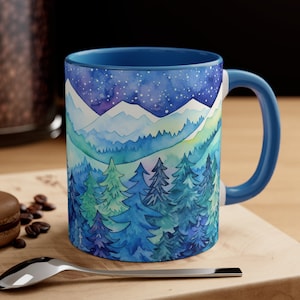 Winter Mountain Coffee Mug: 11oz Ceramic Cup with Winter Landscape Print