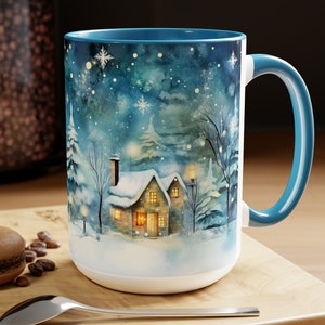 Winter Cabin Mug Snowy Cottage Coffee Cup Cozy Blue Night Scene Rustic Holiday Drinkware