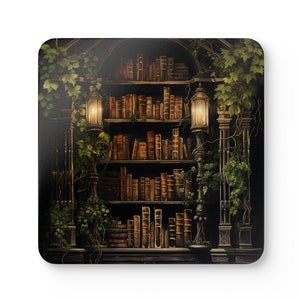 Dark Academia Coaster Set: Library Book Art, Cottagecore Decor