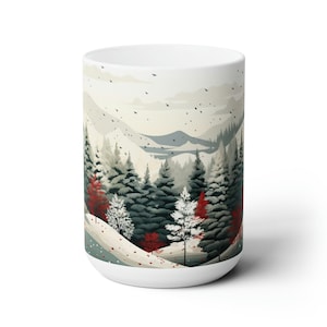Winter Trees Mug 15oz Pine Trees Ceramic Mug Winter Evergreen Forest Tea Cup Christmas Trees Coffee Mug Winter Forest Tea Mug Winter Gift