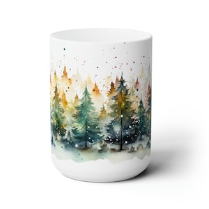 Evergreen Christmas Mug: Snowy Winter Forest, 15oz