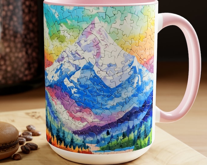 Winter Mountain Puzzle Piece Lover Mug 15oz Ceramic Seasonal Cup Puzzle Lover Gift