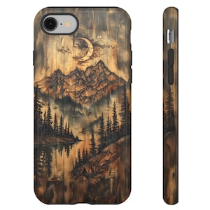 Mountain Phone Case Rustic Nature iPhone Samsung Cover Wooden Print Camping Design