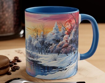 Artful Winter Landscape Mug Cozy Art Print Tea Cup Seasonal Decor Coffee Cup Artful Holiday Art Tea Mug Colorful Christmas Print Tea Cup