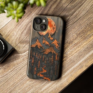Custodia per telefono Moutain Custodia per foresta Custodia per telefono Luna Custodia per telefono per amanti della natura Protezione per telefono Pannello in legno Stampa Regali artistici in legno Alberi di pino alla moda Fiume