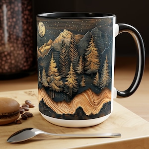 Faux Wood Panel Mountain Forest Ceramic Mug Pine Tree Moon Landscape Rustic Cabin Coffee Drinkware