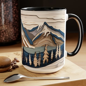 Mountain Forest Ceramic Mug Faux Carved Wood Landscape Art Pine Trees Nature Coffee Drinkware
