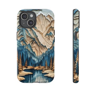 Custodia per telefono montagna Cover per iPhone montagna innevata Stampa in legno Regali di montagna per lui Alberi sempreverdi Paesaggio della catena montuosa Custodia per albero di pino