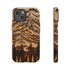 Custodia per telefono da montagna NON VERO LEGNO Proteggi fascino in legno Regali artistici in legno per lui Amante della montagna Idea regalo Custodia per telefono da escursionismo Disegni di alberi di pino