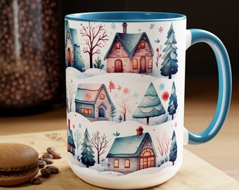 Winter Houses Mug Holiday Coffee Tea Cup Festive Winter Homes Mug Cute Holiday Cottage Cup Winter Mug Gift Winter Decor 15oz Winter Scene