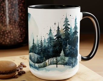 Winter Forest Mug Night Scene Mug Snowy Woodland Cup Christmas Mug Holiday Drinkware Evergreen Tree Coffee Mug Winter Cabin Cup Starry Night