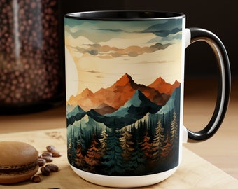 Abstract Mountain Mug Watercolor Forest Painting Coffee Mug Colorful Landscape Print Cup Modern Art Mountains Drinkware Western Decor Mug