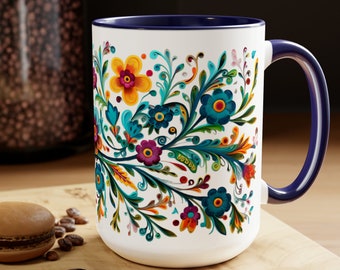 Mexican Embroidery Floral Mug Vibrant Ceramic Cup Bold Hispanic Folk Art 11oz Mug Embroidery Mexican Floral Ceramic Hispanic Mexican Art Cup