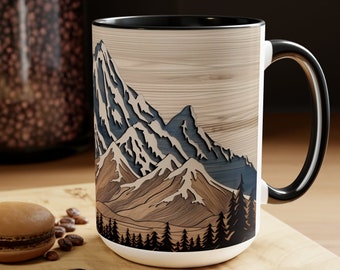 Bergtasse Holzplatte Kaffeetasse Gebirge moderne Kunst Teetasse rustikale Wohnzimmer Wandkunst inspiriert Tasse Holzeffekt Teetasse 15oz