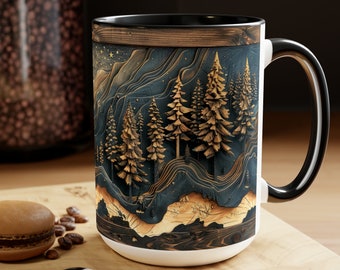 Forest Wood Art Mug Wooden PRINT Evergreen Trees Coffee Mug Carved Pine Trees Cup Wood Tea Mug Moon And Trees Mug Rustic Cabin Decor Gifts