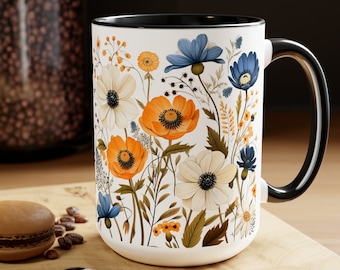 Floral Coffee Mug Watercolor Anemone Painting Mug Blue And Orange Floral Arrangement Cup Botanical Illustration Tea Cup Floral Print Mug