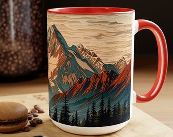 Wooden Style Mountain Mug Wood Art Coffee Mug Wood Panel Effect Mountain Range Tea Mug Mountain Peaks Cup 15oz Ceramic Mountain Print Mug