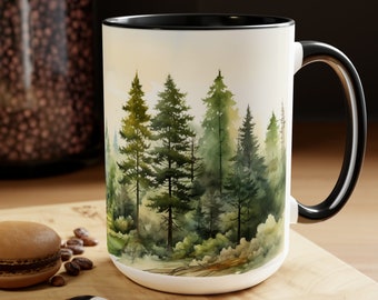 Rustic Pine Tree Mug Watercolor Pine Trees Print Coffee Mug Tree Lovers Gift Cup Forest Decor Mug Rustic Woodland Mug Scenic Nature Painting