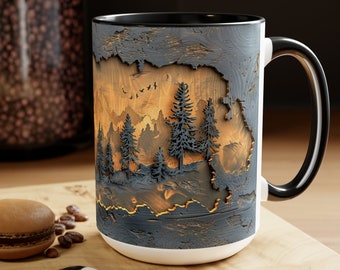 Hole In Wall Mug Evergreen Tree Mug Pine Tree Coffee Mug Wood Wall Art Cup Wood Panel Art Tea Mug Rustic Pine Trees Evergreen Art Wooden Art