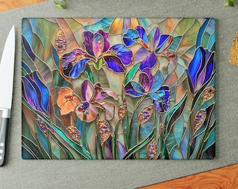 Stained Glass Floral Cutting Board Colorful Iris Design Tempered Glass Kitchen Decor