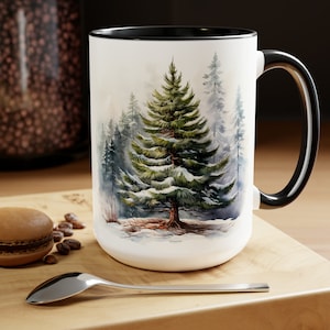 Winter Tree Mug Snowy Evergreen Cup Pine Tree Coffee Mug Christmas Forest Tea Cup Snow Covered Woodland Drinkware Evergreen Tree Coffee Cup