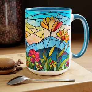 Stained Glass Floral Mug Stained Glass Wildflowers Coffee Mug Abstract Spring Art Colorful Meadow Flowers Painting Cup 15oz Wildflower Art
