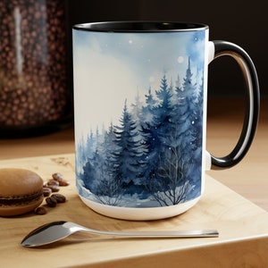Winter Forest Coffee Mug Watercolor Evergreen Trees Cup Snowy Woods Mug Pine Forest Coffee Cup Nature Inspired Winter Mug Watercolor Forest
