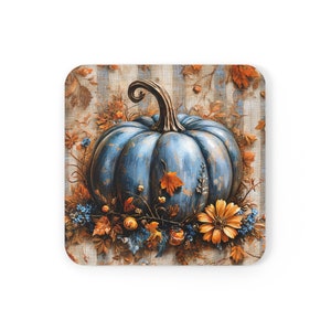 Autumn Blue Pumpkin Coaster: Rustic Fall Floral Table Decor