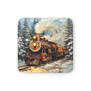 Stained Glass Christmas Train Coaster Cork Back Holiday Drink Mat Vintage Steam Engine Winter Decor Gift