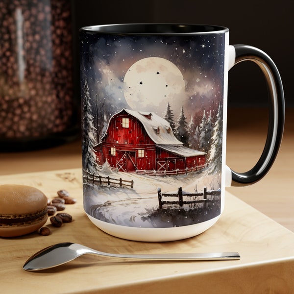 Red Barn Winter Mug Large Ceramic Coffee Cup 15oz Rustic Barn Mug Cozy Red Barn Coffee Mug Winter Scene Ceramic Mug Village Barn 15oz Cup