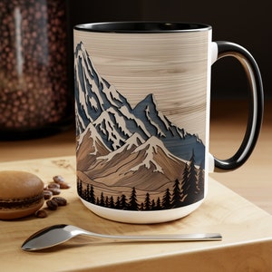 Mountain Mug Wood Panel Coffee Mug Mountain Range Modern Art Tea Cup Rustic Living Room Wall Art Inspired Cup Wood Effect Tea Mug 15oz