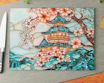 Stained Glass Pagoda Cutting Board Cherry Blossom Design Tempered Glass Kitchen Decor