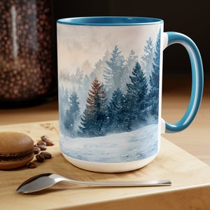Watercolor Winter Landscape Mug: Snowy Pine Tree Coffee Cup