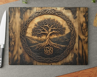 Celtic Tree of Life Tempered Glass Cutting Board: Rustic Kitchen Decor