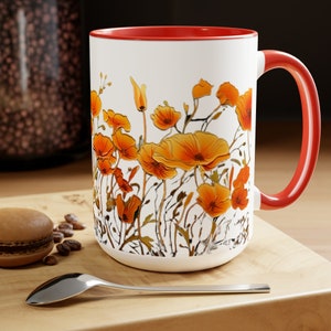 Poppy Mug Large California Poppies Coffee Mug Painting On Glass Tea Mug Botanical Stained Glass Cup Floral Kitchen Decor Orange Flowers 15oz