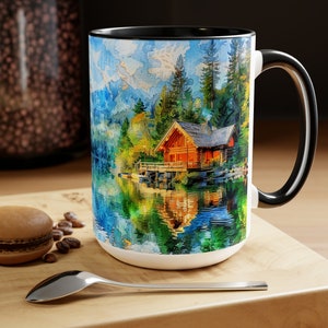 Watercolor Cabin Coffee Mug: Abstract River Landscape Art, Farmhouse Decor