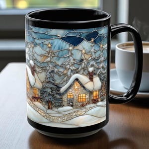 Mugg i målat glas för vinterstuga, mysig snöig by, kaffekopp, månbelyst högtidskonstmugg, fridfull jultegåva