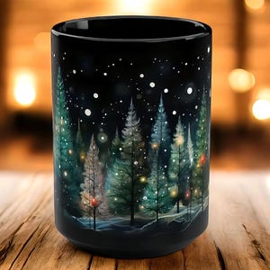 Taza de pino invernal, bebida festiva del bosque, árbol perenne nevado, cerámica, 15 oz