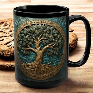 Kubek Drzewo Życia, Celtycki węzeł, Duchowa sztuka natury, turkusowy ceramiczny kubek do kawy, 15 uncji