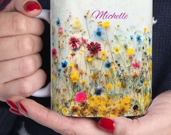 Personalized Flower Mug Printed Flower Coffee Mug Custom Name Botanical Mug Summer Floral Aesthetic Wildflowers Home Decor Kitchen Art Print