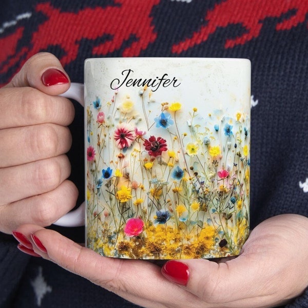 Mug personnalisé avec fleurs pressées, tasse à café avec nom personnalisé, citation personnalisée, cadeau, fleurs séchées, tasse à thé, céramique, fleurs, texte personnel