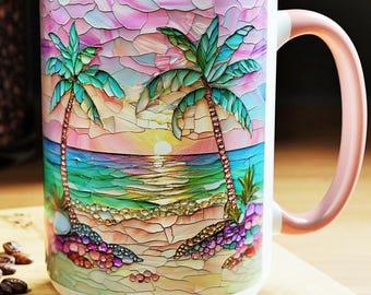 Tropical Sunset Mug Stained Glass Beach Cup Palm Tree Ocean Gift Summer Vibes Vacation Mug for Beach Lovers