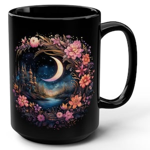 Moon Castle Coffee Mug: Whimsical Floral Night Sky, Dark Cottagecore