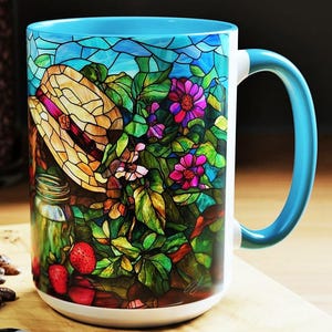 Stained Glass Garden Mug Colorful Floral Coffee Cup with Straw Hat & Strawberries Cottagecore Tea Mug Nature Lover Gift 15oz