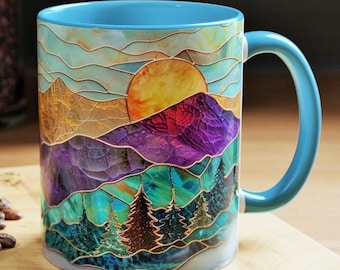 Mug montagne en vitrail, aquarelle, coucher de soleil, tasse à café en céramique, 11 oz ou 15 oz