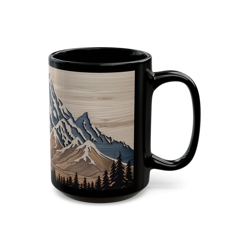 Mountain Mug Wood PRINT 15oz Large Black Ceramic Forest Landscape