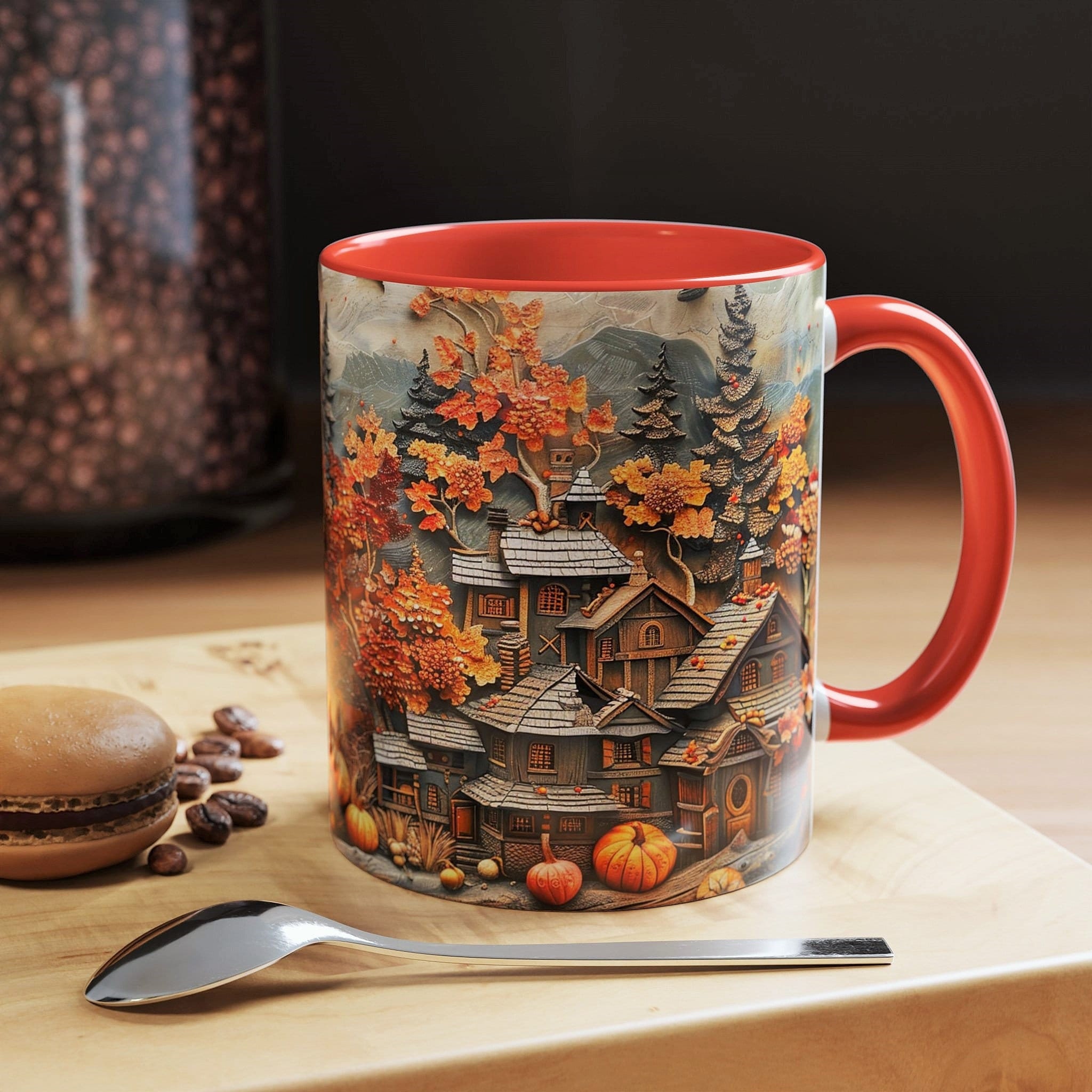 Wood Style Autumn Village Mug Rustic Fall Coffee Cup with Pumpkins and Leaves