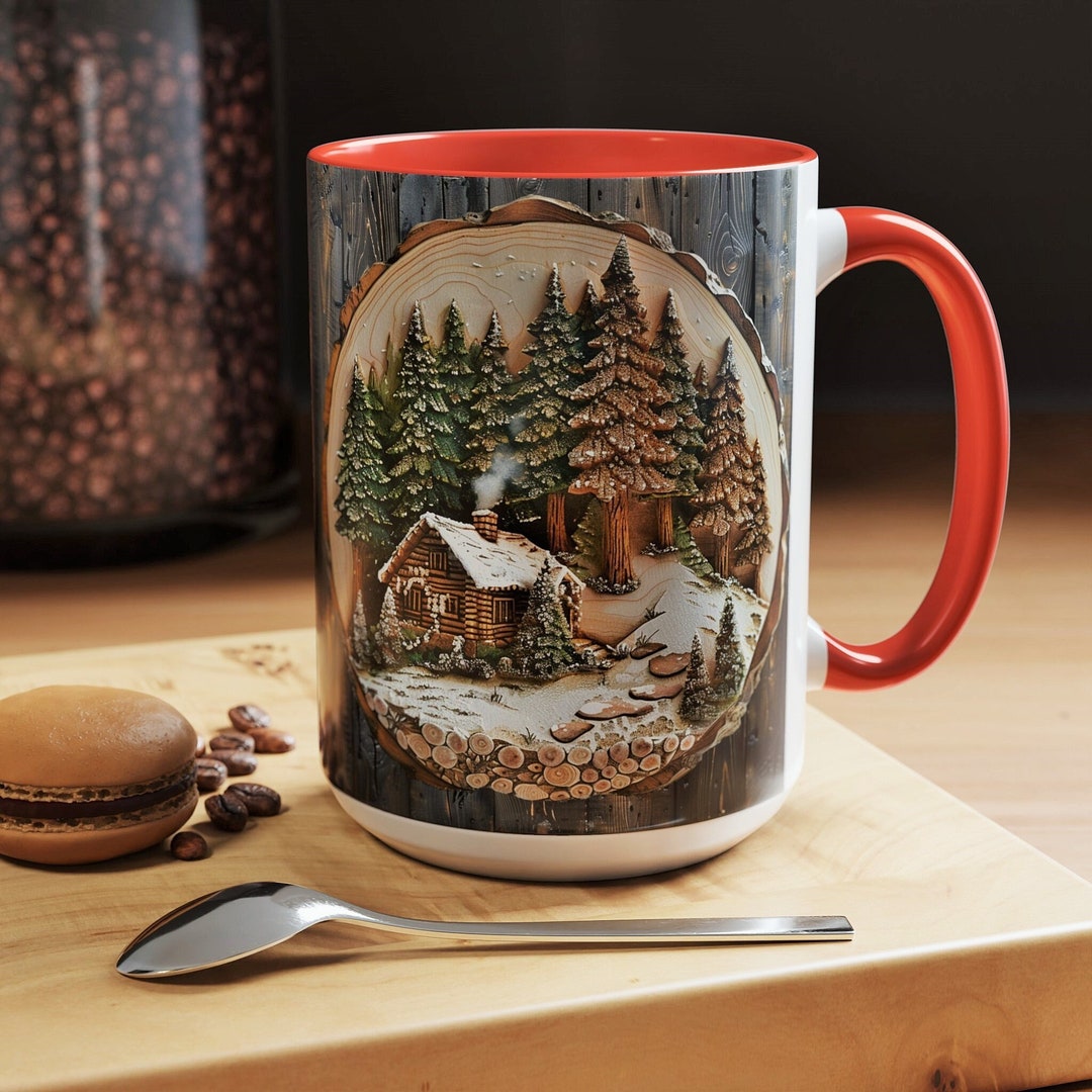 Snowy Cabin Mug Snowy Pine Forest Ceramic Cup Wooden Style Mug Festive ...