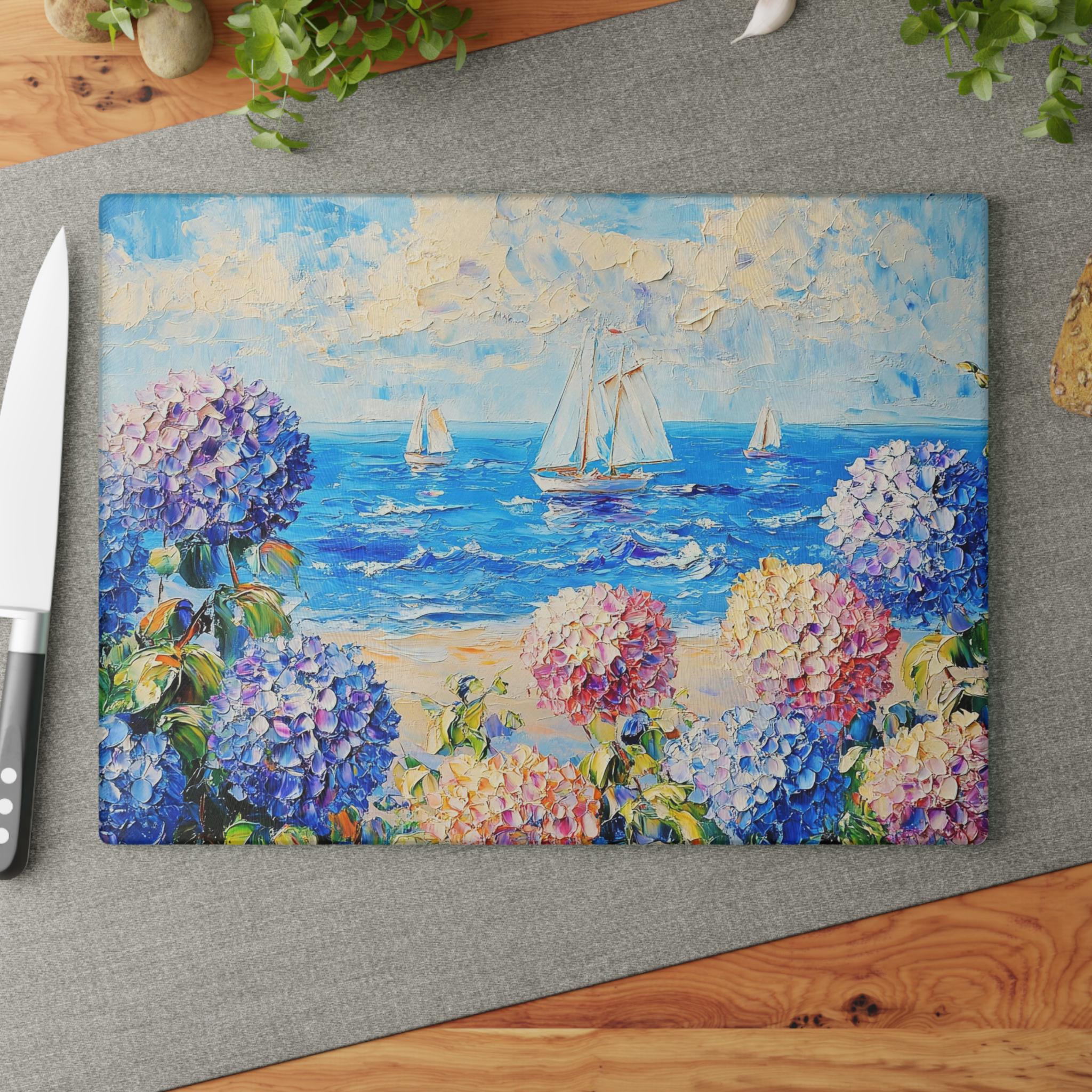 Hydrangea Beach Scene Glass Cutting Board: Coastal Kitchen Decor