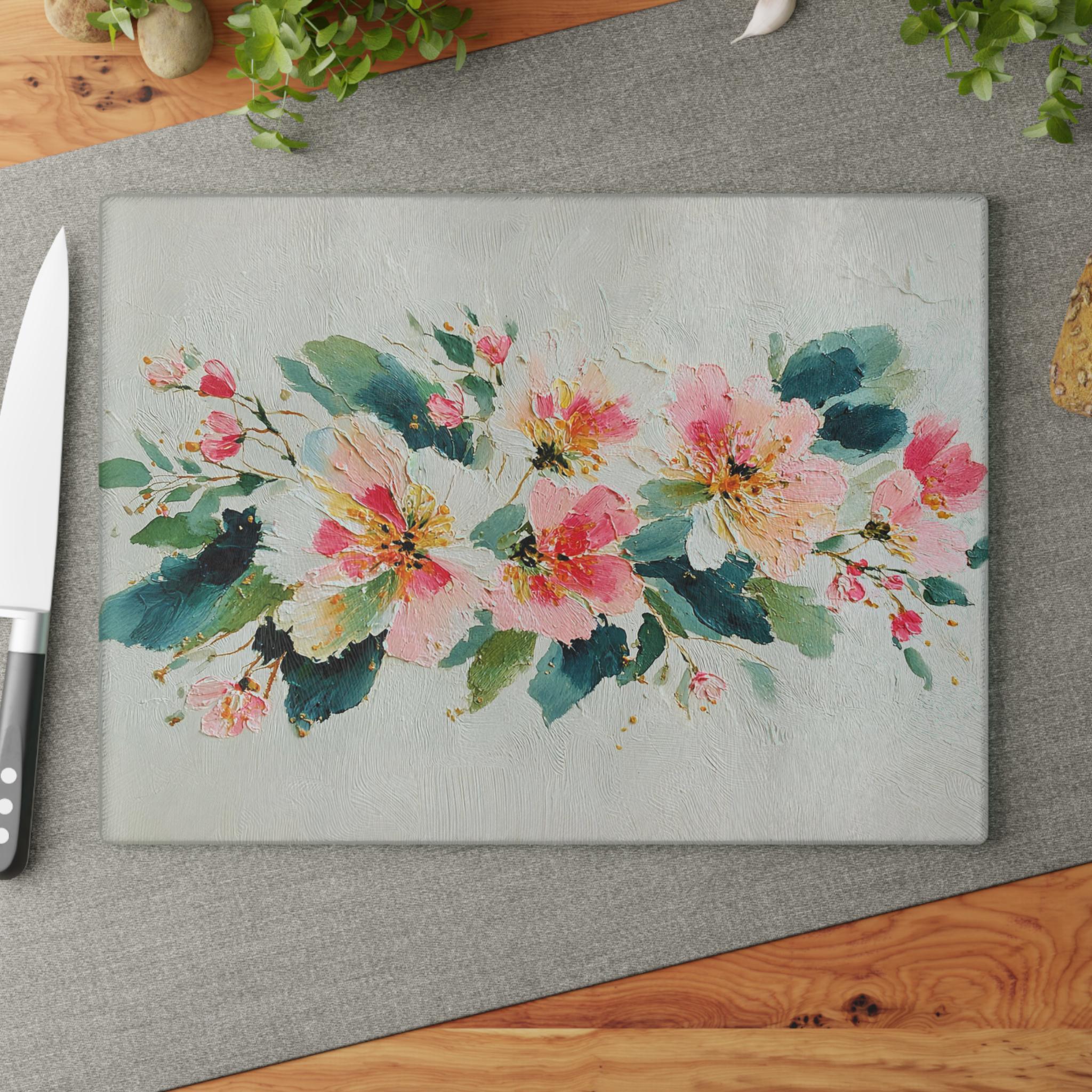 Floral Tempered Glass Cutting Board: Pink Green Impressionist Kitchen Decor